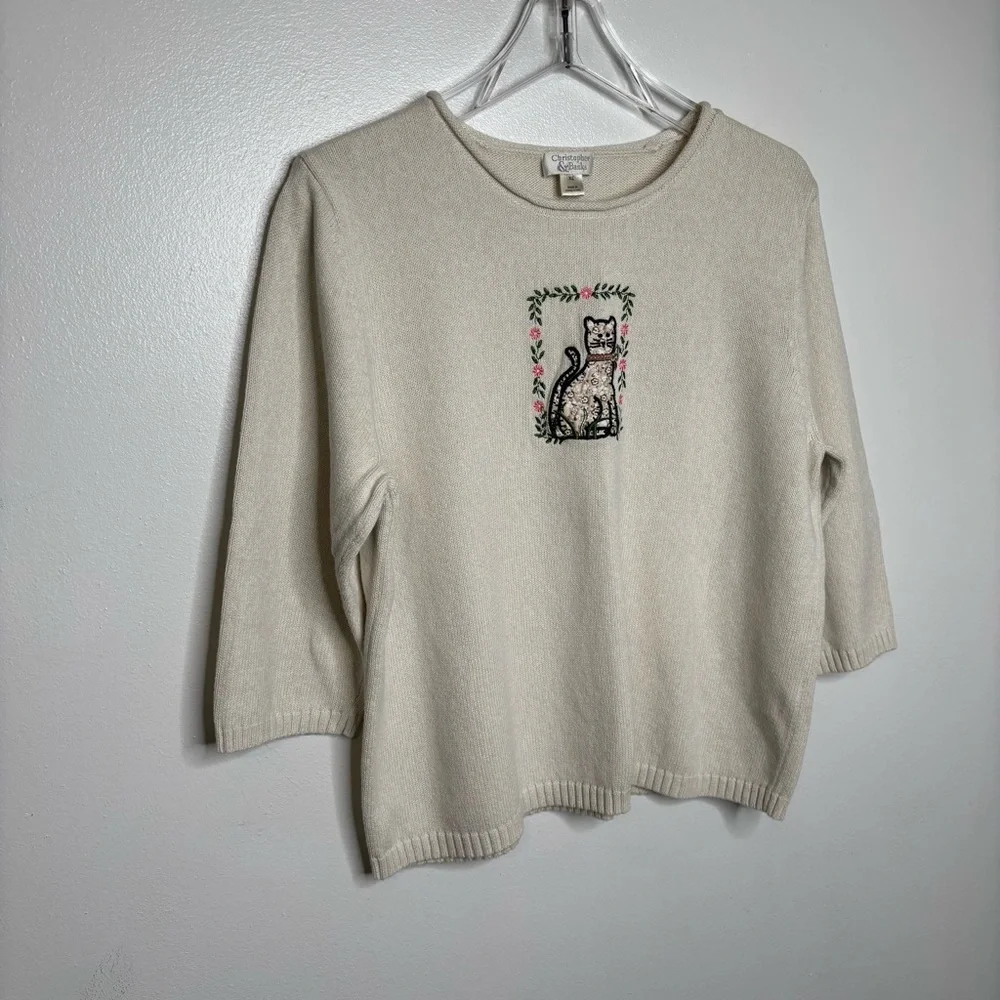 Christopher & Banks Y2K Embroidered Cat Cotton Sweater Size XL